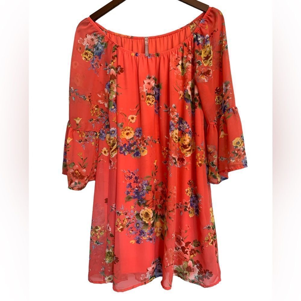 Red Lolly Coral Sheer Floral Flowy Off Shoulder Dress 3/4” Bell Sleeves L
